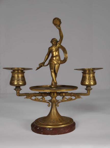 "The Bacchanal", pair of gilded bronze and Red Griotte marble candlesticks-4