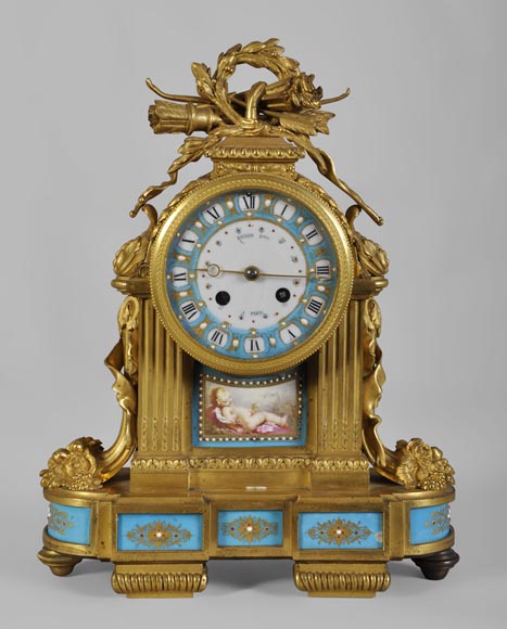 RAINGO FRÈRES (Paris, 1813), Clock with "bleu céleste" porcelain plate, Louis XVI style-0