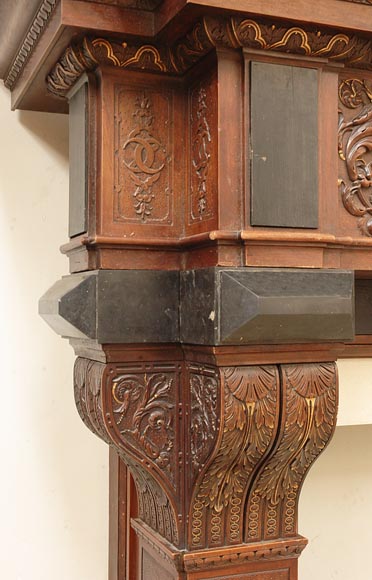 Antique Neo-Renaissance style walnut mantelpiece With Diane de Poitiers coat of arms after the monumental fireplace coming from the Chateau of Villeroy and exhibited at the Louvre Museum-4