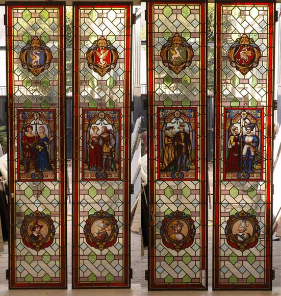 Antique double pair of stained glasses signed by H. Mathieu and dated