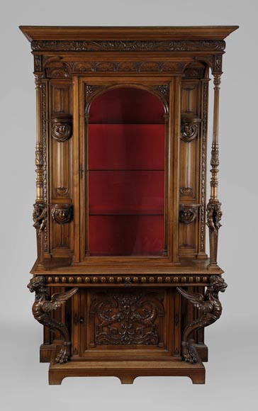 BELLANGER, cabinetmaker - Neo-Renaissance style display cabinet made out of carved walnut with chimeras decor-0