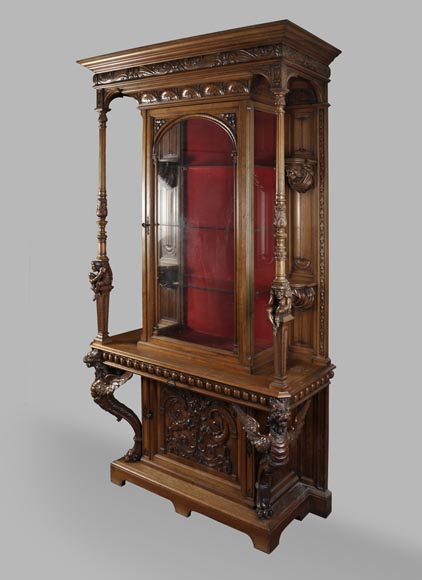 BELLANGER, cabinetmaker - Neo-Renaissance style display cabinet made out of carved walnut with chimeras decor-1