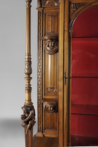 BELLANGER, cabinetmaker - Neo-Renaissance style display cabinet made out of carved walnut with chimeras decor-3