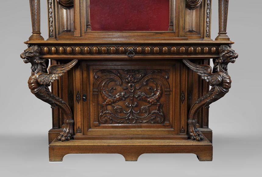 BELLANGER, cabinetmaker - Neo-Renaissance style display cabinet made out of carved walnut with chimeras decor-6