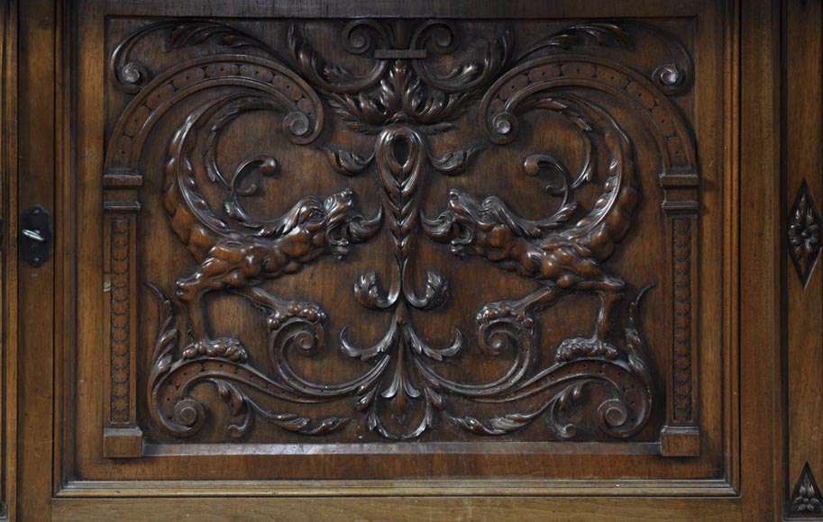 BELLANGER, cabinetmaker - Neo-Renaissance style display cabinet made out of carved walnut with chimeras decor-8