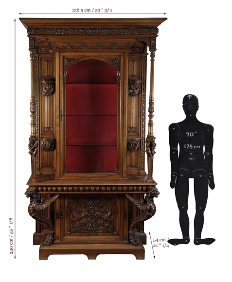 BELLANGER, cabinetmaker - Neo-Renaissance style display cabinet made out of carved walnut with chimeras decor-11