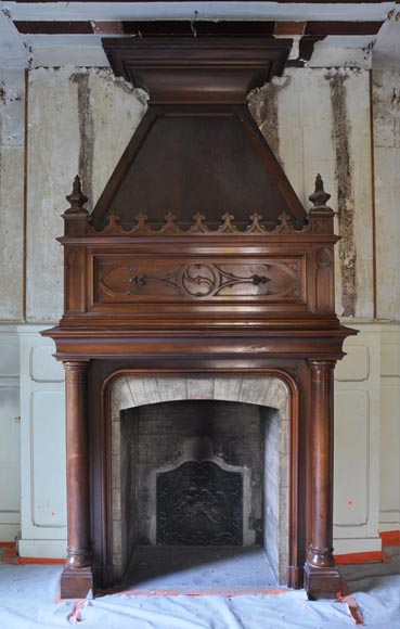 Large antique Neo-Gothic style fireplace made out of walnut wood-0