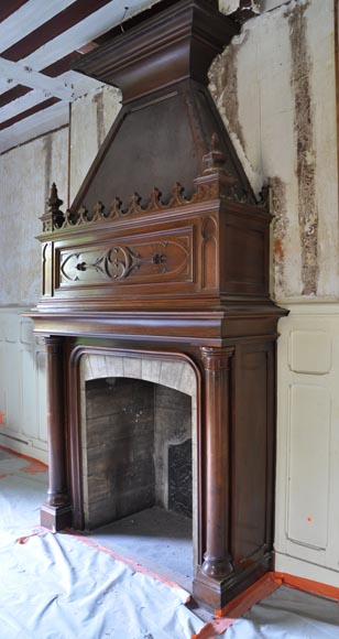 Large antique Neo-Gothic style fireplace made out of walnut wood-3