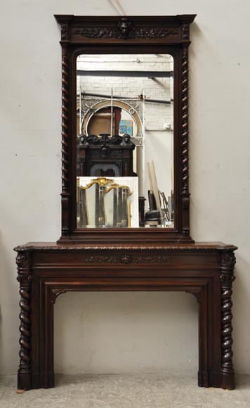 Large oak wood Louis XIII style fireplace with trumeau mirror-0
