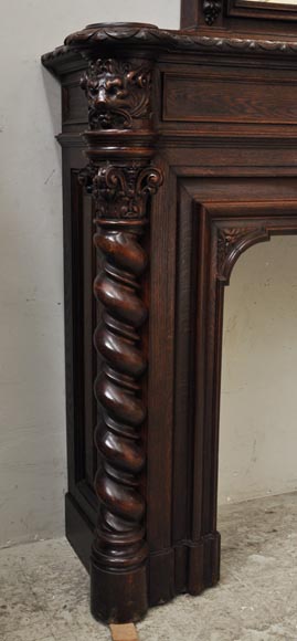 Large oak wood Louis XIII style fireplace with trumeau mirror-12