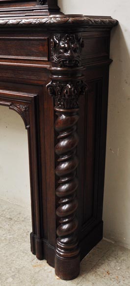 Large oak wood Louis XIII style fireplace with trumeau mirror-15