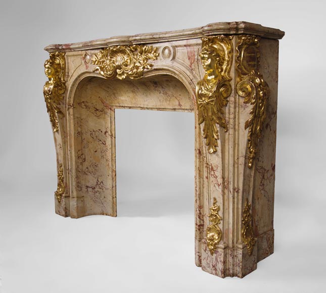 Prestigious antique fireplace in Scagliola as Sarrancolin Fantastico marble made after the fireplace of the Council Room at the Palace of Versailles-9