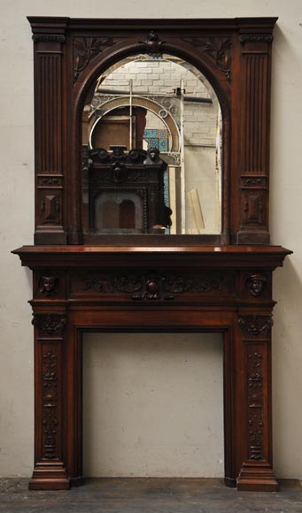 Neo-Renaissance style antique fireplace in carved walnut wood-0