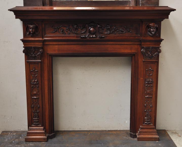 Neo-Renaissance style antique fireplace in carved walnut wood-1