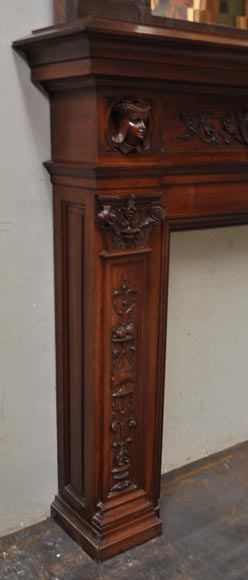 Neo-Renaissance style antique fireplace in carved walnut wood-3