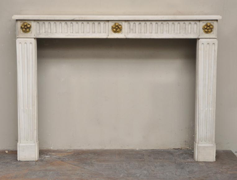 Antique Louis XVI period fireplace in white Sivex marble and gilded bronze-0