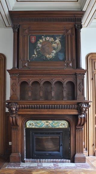 Monumental oak wood fireplace with painting on canvas depicting Joan of Arc-1