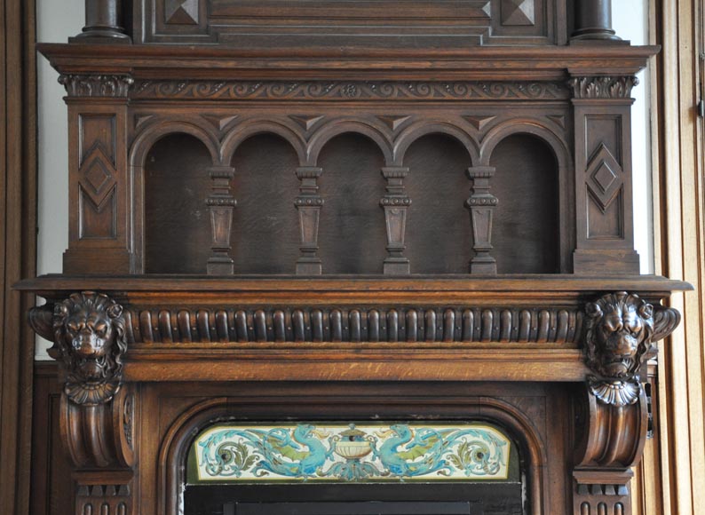 Monumental oak wood fireplace with painting on canvas depicting Joan of Arc-3