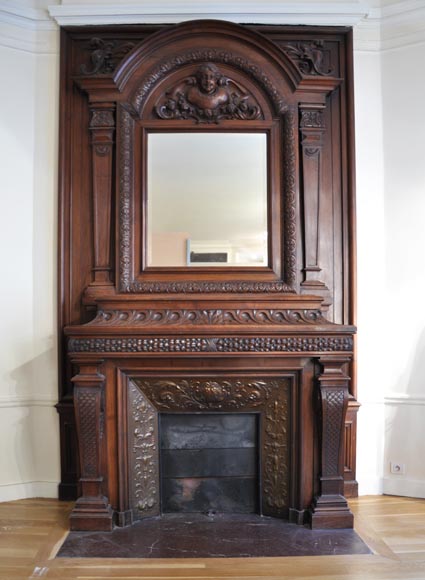 Large antique Napoleon III style fireplace in walnut wood-1
