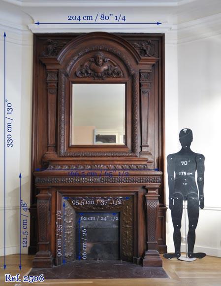 Large antique Napoleon III style fireplace in walnut wood-13