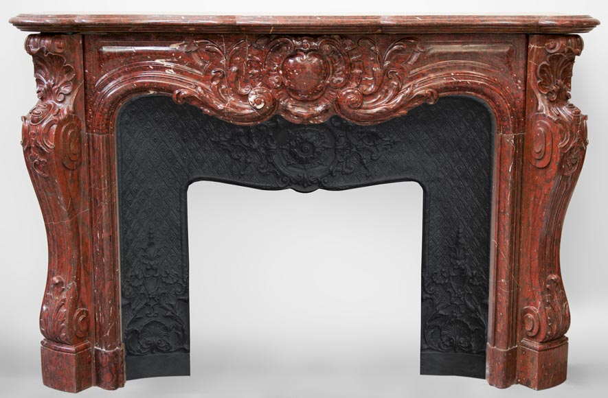 Very beautiful antique Louis XV style opulent fireplace made out of Red Griotte marble-0