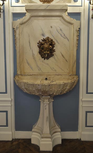 Beautiful antique interior fountain with its boiserie panel and oil on canvas painting-0