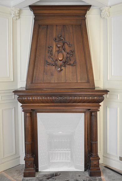Large antique Neo-Renaissance style fireplace made out of carved walnut with Helm Knight decor-0