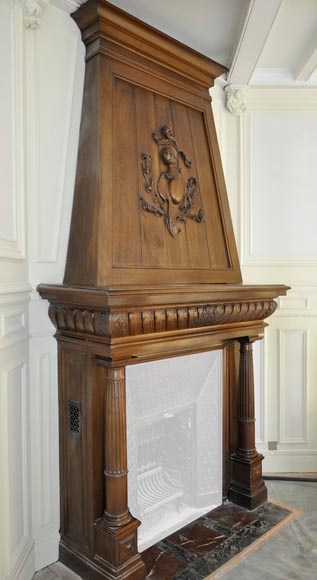 Large antique Neo-Renaissance style fireplace made out of carved walnut with Helm Knight decor-3