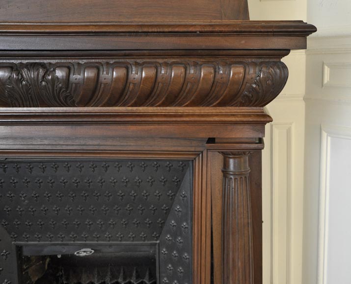 Large antique Neo-Renaissance style fireplace made out of carved walnut with Helm Knight decor-8