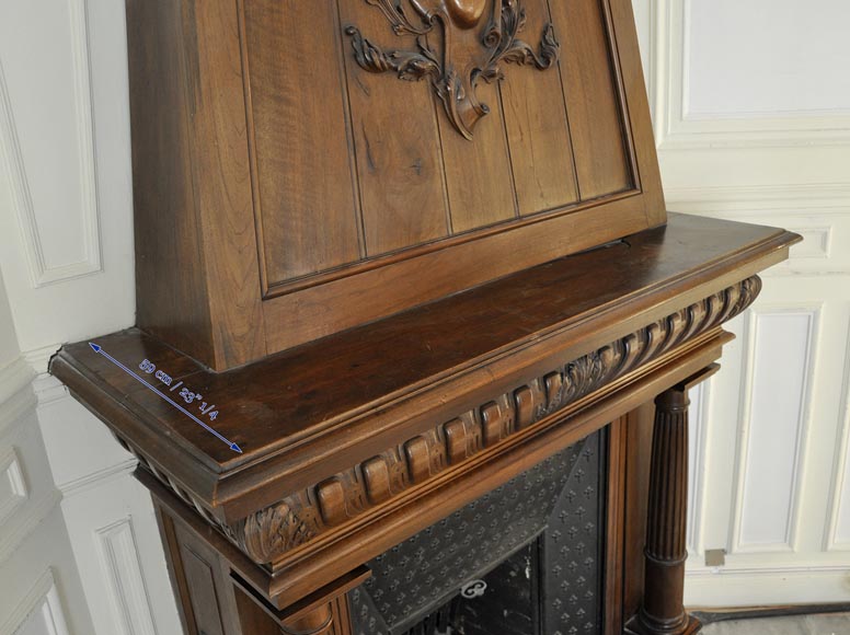 Large antique Neo-Renaissance style fireplace made out of carved walnut with Helm Knight decor-10
