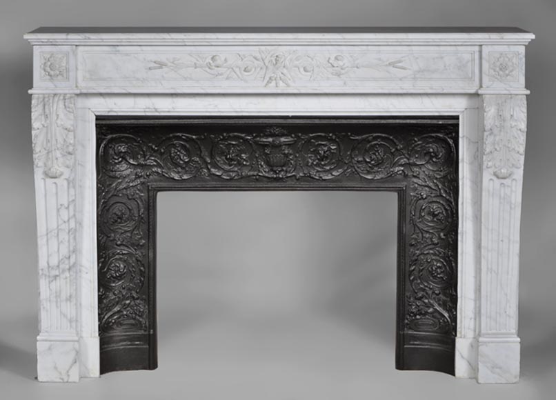 Large Antique Louis Xvi Style Fireplace Made Out Of White Carrara Large Antique Louis Xvi Style Fireplace Made Out Of White Carrara Marble With Reeds And Foliages Decor