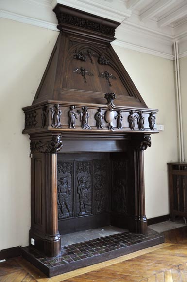 Monumental antique Neo-Gothic style fireplace with hood ...