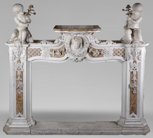Exceptional antique late 18th century Statuary and Brocatelle marbles fireplace with putti-0