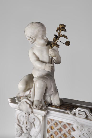Exceptional antique late 18th century Statuary and Brocatelle marbles fireplace with putti-7