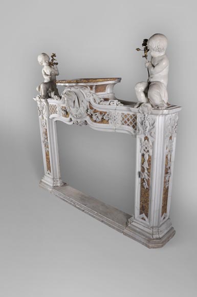 Exceptional antique late 18th century Statuary and Brocatelle marbles fireplace with putti-11