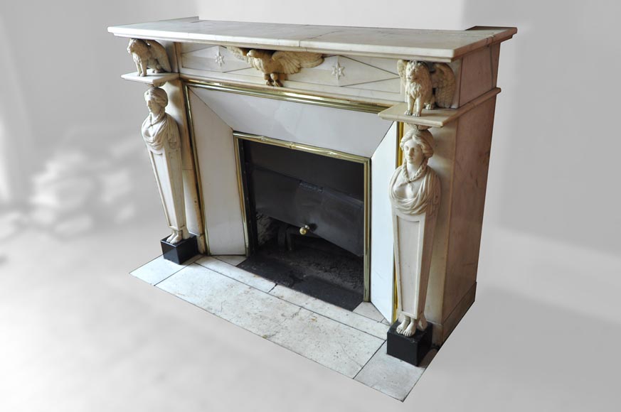 Exceptional Empire fireplace with caryatids in Carrara marble Marble