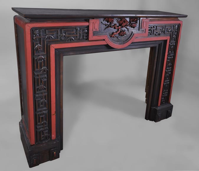 Antique Japanese style wood fireplace with bamboo foliages decor Wood