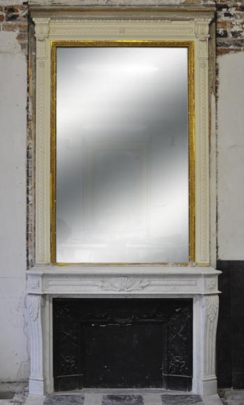 Large Louis XVI style fireplace in white Carrara marble with its cast iron insert and its overmantel mirror-0
