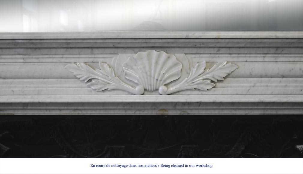 Large Louis XVI style fireplace in white Carrara marble with its cast iron insert and its overmantel mirror-2