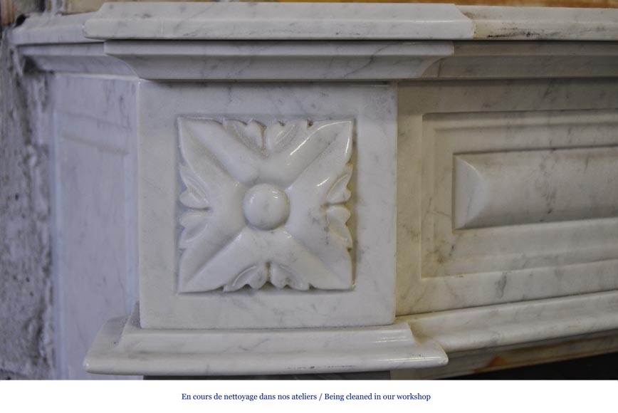 Large Louis XVI style fireplace in white Carrara marble with its cast iron insert and its overmantel mirror-4