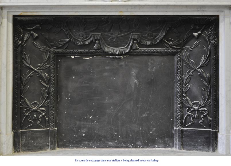 Large Louis XVI style fireplace in white Carrara marble with its cast iron insert and its overmantel mirror-10