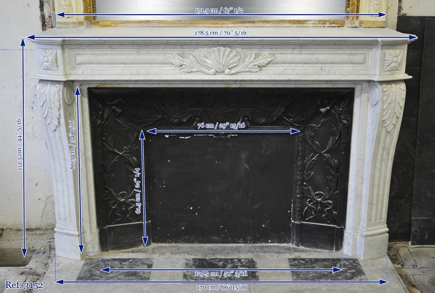 Large Louis XVI style fireplace in white Carrara marble with its cast iron insert and its overmantel mirror-18