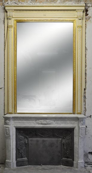 Large Louis XVI style fireplace in white Carrara marble with its cast iron insert and its overmantel mirror-0