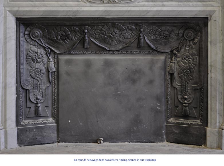 Large Louis XVI style fireplace in white Carrara marble with its cast iron insert and its overmantel mirror-9