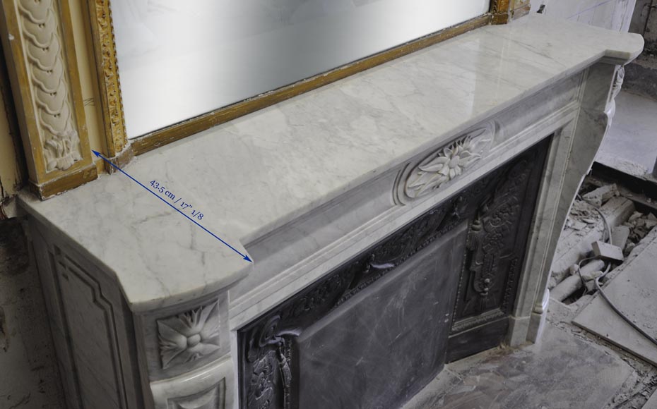 Large Louis XVI style fireplace in white Carrara marble with its cast iron insert and its overmantel mirror-16