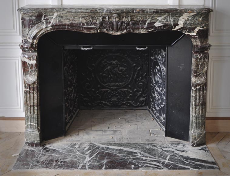 Beautiful antique Regence style fireplace in Campan Grand Melange marble, 19th c.-0