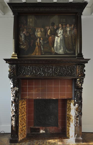 Important antique carved walnut fireplace with painting from the 17th century after Giovanni Andrea CASELLA-0