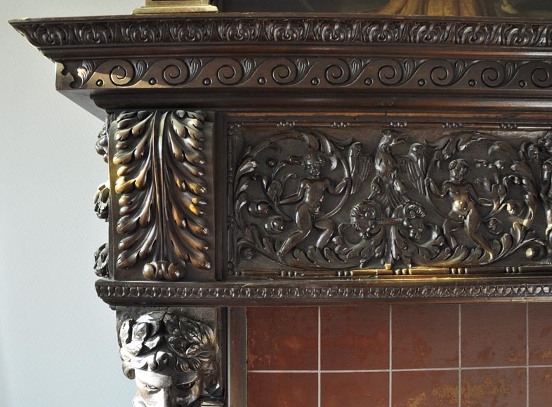 Important antique carved walnut fireplace with painting from the 17th century after Giovanni Andrea CASELLA-7