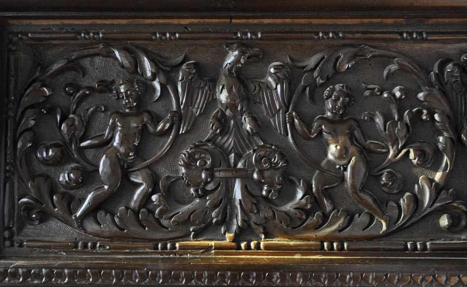 Important antique carved walnut fireplace with painting from the 17th century after Giovanni Andrea CASELLA-8