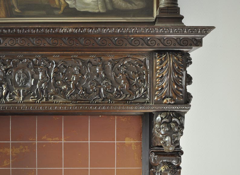 Important antique carved walnut fireplace with painting from the 17th century after Giovanni Andrea CASELLA-13